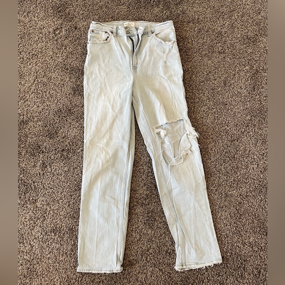 Abercrombie high waist light wash jeans with tear above knee